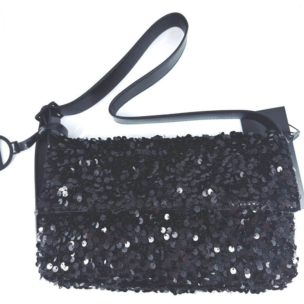 NWT Nicole Miller Black Sequin Flap Mini Shoulder Bag Crossbody Cocktail Evening